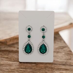 Indian Bollywood Lehenga Green Gemstone Crystal Drop Earrings Silver Clear Stone